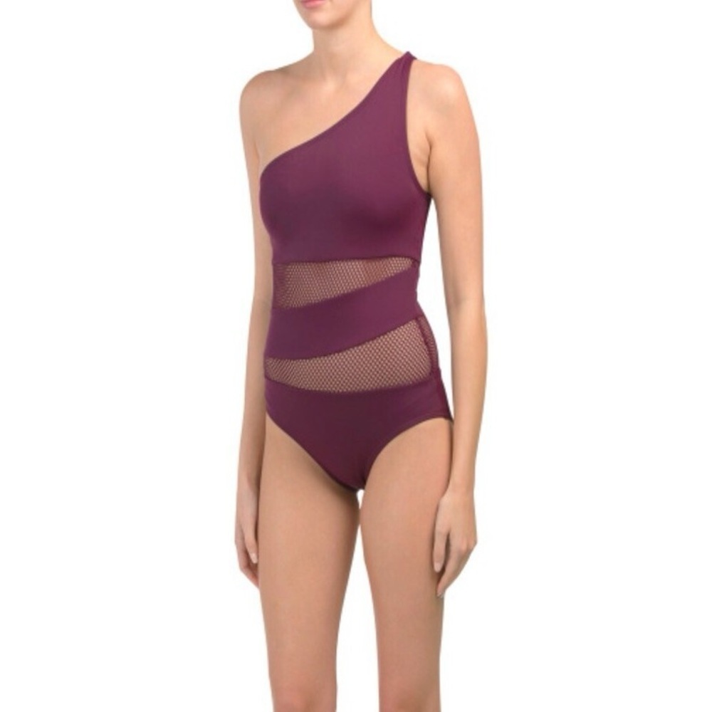 Carmen Marc Valvo One-Shoulder Wine Swimsuit Size 8
